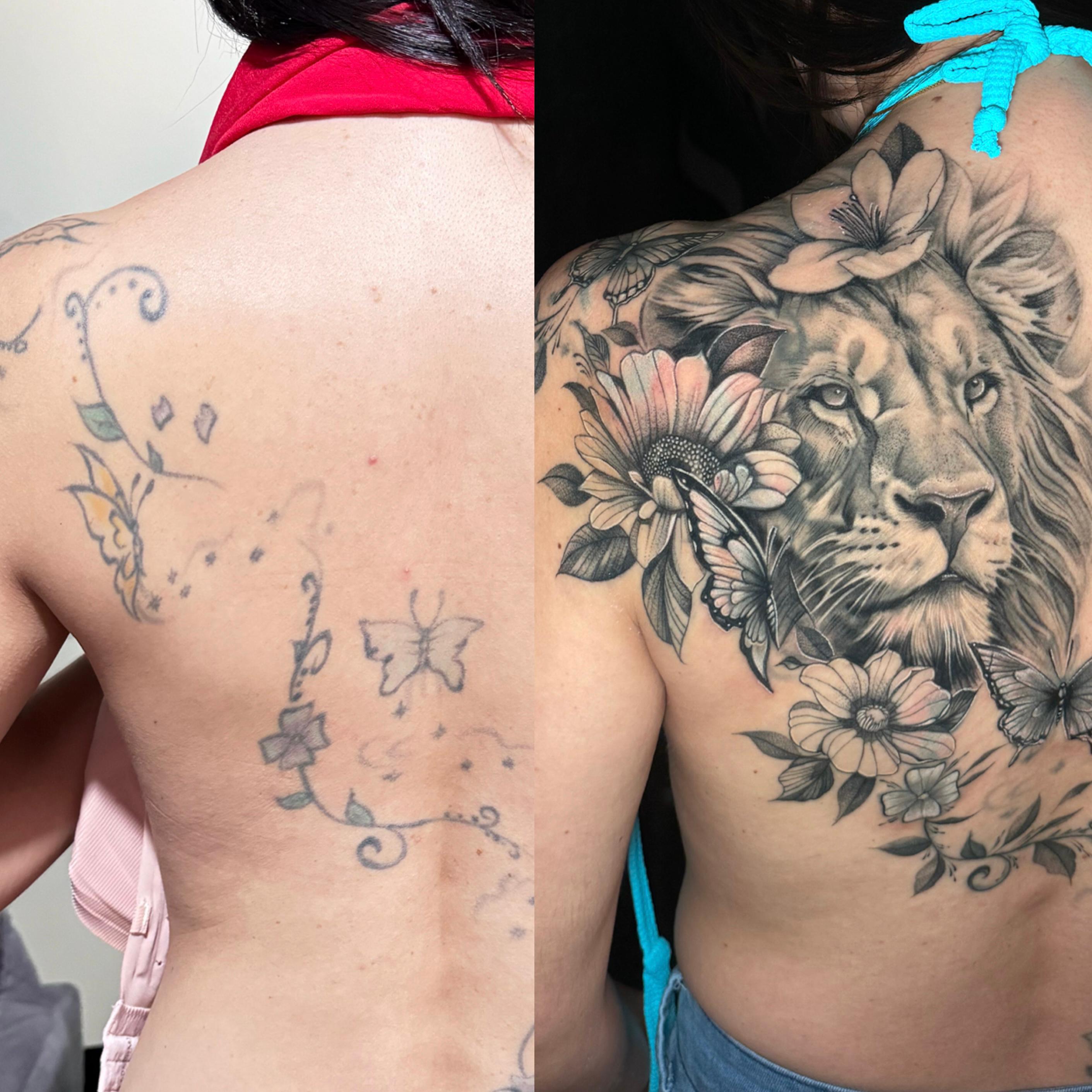 Cobertura Leão Costas - Cobertura de tatuagens delicadas nas costas com leão realista
